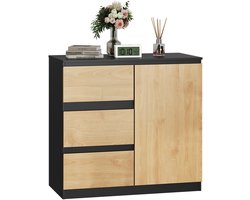 Ladekast met 3 lades, breed dressoir met 1 deur en 2 planken, moderne opbergmeubel, voor woonkamer, slaapkamer, hal, 80 x 75 x 40 cm (zwart + eiken, 1 deur, 3 lades)