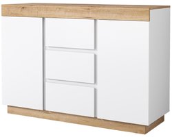 Ladekast met 3 lades en 2 deuren, locker, opbergfunctie, voor slaapkamer en woonkamer, dressoir,wit+eiken