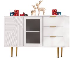 Ladekast met 3 lades en 2 deuren - met metalen poten en glazen deuren - wit - 120 x 38 x 79,5 cm