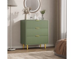 Ladekast met 3 Lades - Moderne Commode met Geribbelde Voorkant - Gouden Handgrepen & Metalen Poten - Voor Slaapkamer, Woonkamer en Hal - Boter groen