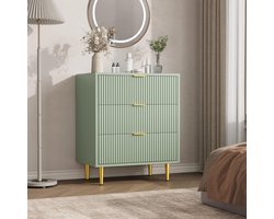 Ladekast met 3 Lades - Moderne Commode met Geribbelde Voorkant - Gouden Handgrepen & Metalen Poten - Voor Slaapkamer, Woonkamer en Hal - Olijfgroen