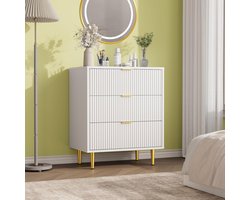 Ladekast met 3 Lades - Moderne Commode met Geribbelde Voorkant - Gouden Handgrepen & Metalen Poten - Voor Slaapkamer, Woonkamer en Hal - Wit