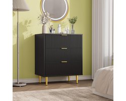 Ladekast met 3 Lades - Moderne Commode met Geribbelde Voorkant - Gouden Handgrepen & Metalen Poten - Voor Slaapkamer, Woonkamer en Hal - Zwart