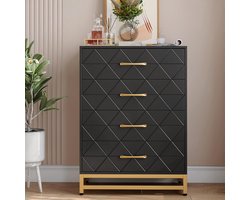 Ladekast met 4 Laden - Moderne Commode - Zwart met Gouden Handgrepen - Nachtkastje & Opbergkast voor Slaapkamer & Woonkamer - Elegant Design