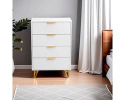 Ladekast met 4 laden, moderne witte opbergkast met metalen poten, creatieve MDF opbergkast in ruitpatroonontwerp voor woonkamer, slaapkamer