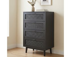 Ladekast met 4 Lades - 55x39.8x95 cm - Opbergkast met Kantelbeveiliging - Hout en Rattan-look - Zwart