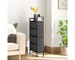 Ladekast met 4 lades en stoffen bekleding, smal opbergmeubel met stalen frame voor kleine ruimtes, slaapkamer, zwart