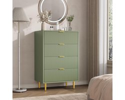 Ladekast met 4 Lades - Moderne Commode met Geribbelde Voorkant - Gouden Handgrepen & Metalen Poten - Slaapkamer en Woonkamer - 60x40x94 cm - Boter groen
