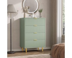 Ladekast met 4 Lades - Moderne Commode met Geribbelde Voorkant - Gouden Handgrepen & Metalen Poten - Slaapkamer en Woonkamer - 60x40x94 cm - Olijfgroen