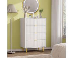 Ladekast met 4 Lades - Moderne Commode met Geribbelde Voorkant - Gouden Handgrepen & Metalen Poten - Slaapkamer en Woonkamer - 60x40x94 cm - Wit
