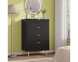 Ladekast met 4 Lades - Moderne Commode met Geribbelde Voorkant - Gouden Handgrepen & Metalen Poten - Slaapkamer en Woonkamer - 60x40x94 cm - Zwart