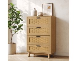 Ladekast met 4 lades, rotan look, houtkleur, hoge opbergkast voor slaapkamer en woonkamer 52,4 x 35 x19 cm