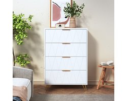 Ladekast met 4 Lades Wit – Scandinavische Commode met Gouden Handgrepen & Metalen Poten – Opbergkast voor Slaapkamer – MDF – 60x34x90 cm