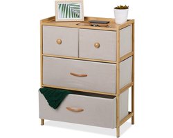 Ladekast met 4 stoffen lades voor hal en slaapkamer - Afmetingen: 73 x 575 x 30 cm - Opbergkastje van bamboe in natuurlijke/beige kleur