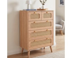 Ladekast met 5 Lades - 60x34x91cm - Opbergkast - Hout en Metaal - Rotan Look - Natuurlijke Stijl - Houtkleur
