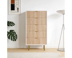 Ladekast met 5 Lades - ADFBL - Modern Dressoir Wit & Hout - Opbergkast met Verticale Strepen & Gouden Accenten - Commode voor Slaapkamer & Woonkamer - 60 cm Breed