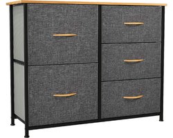 Ladekast Met 5 Lades – Stoffen Opbergbakken – Stalen Frame – Houten Bovenblad – Opbergkast Voor Slaapkamer – Woonkamer – Kast En Hal