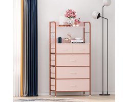 Ladekast met 5 Stoffen Lades en 2 Open Planken - Opbergkast met Metalen Frame & Ophanghaken - Voor Slaapkamer, Woonkamer & Hal - 120x60x30 cm - roze