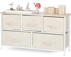Ladekast met 5 stoffen lades - Metaal en hout ladeblok - Commode ladesysteem - HBD 545 x 100 x 30 cm - Beige speelgoedkast