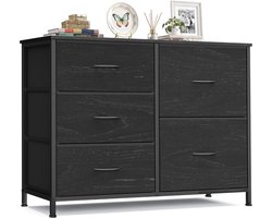 Ladekast met 5 Stoffen Lades, Opbergkast met Stalen Frame en Houten Bovenblad, Dressoir voor Slaapkamer, Woonkamer, Hal, 98,7 x 30 x 74,7 cm, Ebbenhout Zwart, BELLAH Collectie LGS235B201