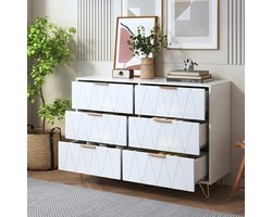 Ladekast met 6 laden, grote commode voor volwassenen met gouden metalen poten, houten kommode voor woonkamer/slaapkamer, moderne stijl, wit, 100x34x72,5 cm