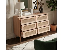 Ladekast met 6 Lades en Rotan - Houtkleur | Bohemian Commode voor Slaapkamer Scandinavische Stijl