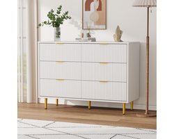 Ladekast met 6 Lades - Modern Dressoir met Gegolfd Design - Gouden Handgrepen & Poten - Kantelbeveiliging - 100 x 40 x 75 cm - Wit