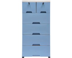 Ladekast met 6 schuifladen, meubel, 4 wielen, vrijstaand, ladekast met sloten, nachtkastjes, blauw