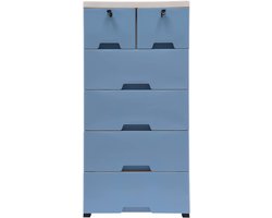 Ladekast met 6 schuifladen, meubel, 4 wielen, vrijstaand, ladekast met sloten, nachtkastjes, blauw