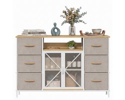 Ladekast met 6 Stoffen Laden 120 × 30 × 75 cm – Opbergkast met Open Vakken en Metalen Gaasdeur – TV Meubel – Dressoir – Opbergkast Slaapkamer Woonkamer Hal – MDF Houtlook – Verstelbare Voetjes – Khaki