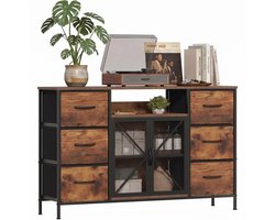 Ladekast met 6 Stoffen Laden 120 × 30 × 75 cm – TV Meubel – Opbergkast – Dressoir – Kast met Open Vakken en Metalen Gaasdeur – Vintage Houtlook – MDF Bovenblad – Zwart Metalen Frame – Verstelbare Voetjes
