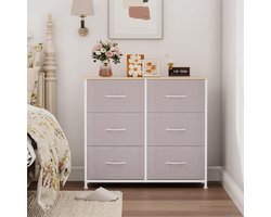 Ladekast met 6 Stoffen Laden - Commode voor Slaapkamer en Woonkamer - Opbergkast Metaal & Hout - 30 x 80 x 93 cm - as grijis Leer - Bella