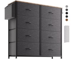 Ladekast met 8 Laden – Stoffen Opbergkast met Labels, Zijvak en Haak – Donkergrijs – 97 x 30 x 85 cm