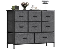 Ladekast met 8 stoffen lades - 6 kleine en 2 grote lades - Metalen frame en MDF blad - Voor slaapkamer en hal - 100 x 30 x 76 cm - Donkergrijs/zwart