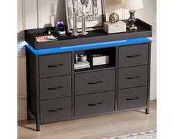 Ladekast met 8 stoffen lades, RGB LED-verlichting en oplaadstation, Smalle opbergkast met stalen frame, anti-tip beveiliging, Stoffcommode voor slaapkamer, woonkamer en hal, 108x30x82 cm, Zwart