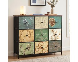 Ladekast met 9 stoffen lades - 100x30x86.5 cm - Opbergkast - metalen frame - houten blad - Vintage Stijl - Veelkleurig