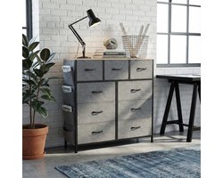 Ladekast met 9 Stoffen Lades - ADFBL - Dressoir met Houten Blad & Metalen Frame - Grote Opbergkast voor Slaapkamer & Gang - Met Zijzakken & Haken - 100 cm Hoog - Grijs