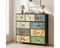 Ladekast met 9 Stoffen Lades - Opbergkast 100x30x100 cm - Metalen Frame en Houten Blad - Vintage Stijl - Veelkleurig