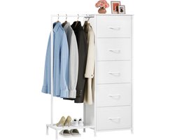 ladekast met kledingstang, dressoir met schoenenrek, kast als kledingkast, commode voor slaapkamer, woonkamer, Wit, 30D x 79B x 114,5H (5 laden)