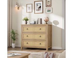 Ladekast met Rotan - Commode met 3 Grote Lades - Boho & Modern Dressoir - 80 cm Breed - Opbergkast voor Slaapkamer, Woonkamer of Gang - Eiken Kleur