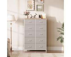 Ladekast met10Stoffen Laden - Commode voor Slaapkamer en Woonkamer - Opbergkast Metaal & Hout - 30 x 80 x 93 cm - Wit Leer - Urbanhome