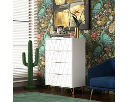 Ladekast Modern - 60 x 34 x 90 cm - 4 Lades - Licht Luxe Stijl - Wit met Gouden Details - Voor Slaapkamer of Woonkamer