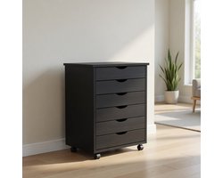 Ladekast MOSS Verrijdbaar 53x39x65,5 cm - Massief Grenenhout Grijs - Ladeblok met 6 Lades & Wielen - Opbergkast Kantoorkast voor Thuiskantoor Bureau - Ganeey