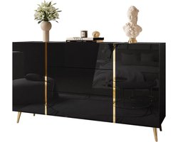 Ladekast ONYX - Dressoir Kast - Woonaccessoires Organiseren - Hoogglans Afwerking - 158x413x88 cm - Zwart met gouden elementen