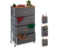 ladekast op wielen - 4 stoffen lades - houtlook - 93 x 58 x 30 cm - slaapkamer - grijs