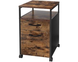 Ladekast op Wielen 41 x 45 x 66 cm Vintage Bruin + Zwart, Rolcontainer Bureaukast Archiefkast met Laden en Open Vak, Mobiele Opbergkast voor Kantoor, Studeerkamer en Slaapkamer, Industrieel Design