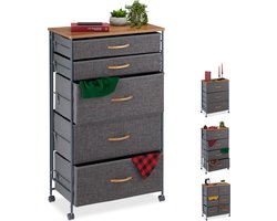 ladekast op wielen - 5 stoffen lades - houtlook - 96,5 x 58 x 30 cm - slaapkamer - grijs