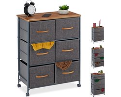 ladekast op wielen - 6 stoffen lades - houtlook - 74,5 x 58 x 30 cm - slaapkamer - grijs