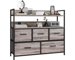 Ladekast – opbergkast – 2 legplanken – 5 stoffen lades met handgrepen – metalen frame – grijze houtlook