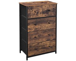 Ladekast Opbergkast Commode Dressoir Zijkast Met 5 stoffen lades en verstelbare poten Stevig duurzaam metalen frameconstructie Eenvoudig te monteren en schoon te maken Geschikt voor slaapkamer en woonkamer 56x30x89,3 cm Bruin + Zwart